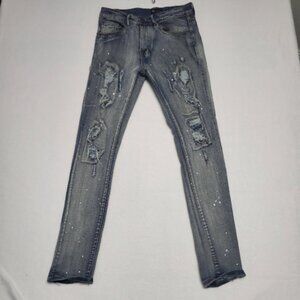 WAIMEA Mens 30 Blue/Gray Skinny Fit Distressed Denim Paint Splatter Details